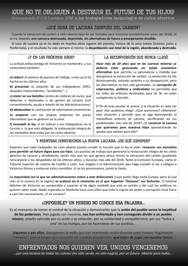 Comunicado "15M-S.O.S. Laciana" a los trabajadores lacianiegos de cielos abiertos